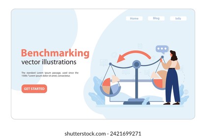 Benchmarking concept. Woman analyzing data on scales, comparing metrics and performance. Continuous improvement. Data-driven decision making. Market comparison. Flat vector illustration