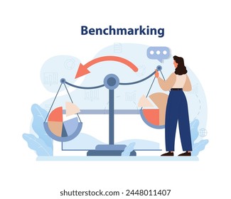 Benchmarking concept. Woman analyzing data on scales, comparing metrics and performance. Continuous improvement. Data-driven decision making. Market comparison. Flat vector illustration