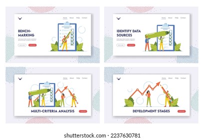 Benchmarking, Criteria Analysis Landing Page Template Set. Business Development And Improvement Concept. Tiny Characters Filling Huge Form on Clipboard with Ticks. Cartoon People Vector Illustration