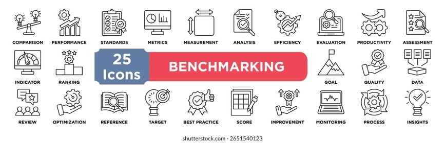 Conjunto de coleta de ícones de BENCHMARKING. Contendo comparação,desempenho,padrões,métricas,medição,análise,eficiência,avaliação,produtividade,ícone de avaliação. Vetor de linha simples.	