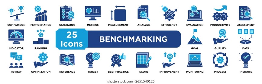 Conjunto de coleta de ícones de BENCHMARKING. Contendo comparação,desempenho,padrões,métricas,medição,análise,eficiência,avaliação,produtividade,ícone de avaliação. vetor de tom duplo.	