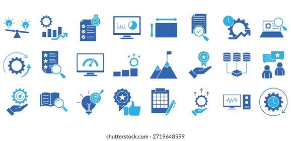Benchmarking-Symbolsammlung. Enthält Vergleich, Leistung, Standards, Metriken, Messung, Analyse, Effizienz, Bewertung, Produktivität, Bewertung Symbol. Einfacher Linienvektor. EPS 10