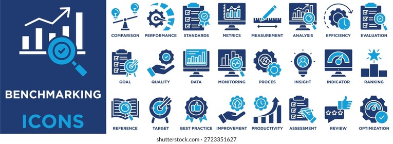 Conjunto de coleta de ícones de BENCHMARKING. Contendo comparação,desempenho,padrões,métricas,medição,análise,eficiência,avaliação,produtividade,ícone de avaliação