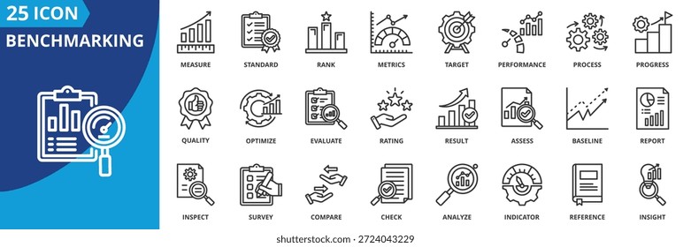 conjunto de ícones de benchmarking em estilo outline. o pacote de ícones contém ícone comparar, métricas, analisar, classificar, padrão, alvo, medida, insight, desempenho, ícone avaliar