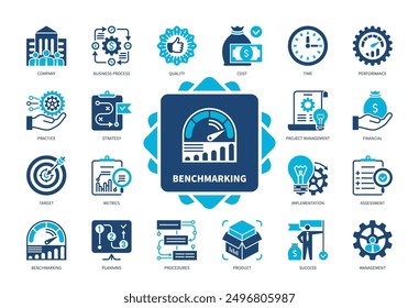 Benchmarking icon set. Quality, Cost, Time, Metrics, Practice, Project Management, Performance, Procedures. Duotone color solid icons