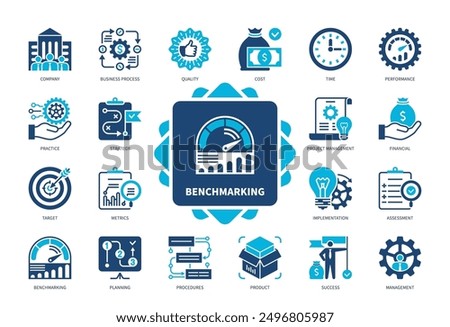 Benchmarking icon set. Quality, Cost, Time, Metrics, Practice, Project Management, Performance, Procedures. Duotone color solid icons