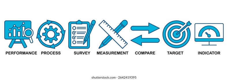 Benchmarking icon set vector illustration concept for the idea of business development and improvement with an icon of performance, process, survey, measurement, compare, target, and indicator