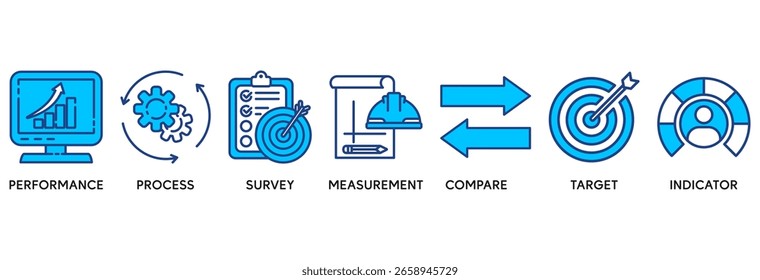 Benchmarking icon set vector illustration concept relate to for the idea of business development and improvement with an icon of performance, process, survey, measurement, compare, target