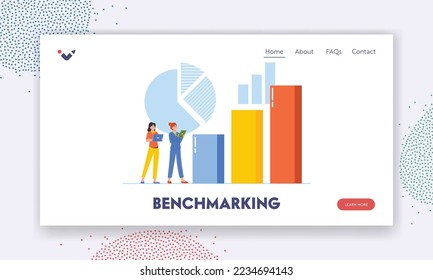 Benchmarking Landing Page Template. Business Characters Testing and Measuring Analysis Charts. Indicator Comparing Process, Metrics Performance with Column Diagrams. Cartoon People Vector Illustration