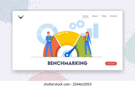 Benchmarking Landing Page Template. Tiny Business Characters with Tablets Analyzing Huge Rate Scale Charts Comparing Company Development Benchmarks. Cartoon People Vector Illustration