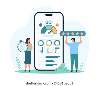 Benchmarking in mobile app, quality and cost analysis of business product for improvement. Tiny people evaluate financial metrics and aspects in survey on phone screen cartoon vector illustration