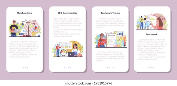 Benchmarking mobile application banner set. Idea of business development and improvement. Compare quality with competitor companies. Isolated flat vector illustration
