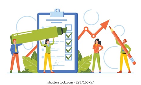 Benchmarking, Multi Criteria Analysis, Business Development And Improvement Concept. Tiny Male and Female Characters Filling Huge Form on Clipboard with Ticks. Cartoon People Vector Illustration