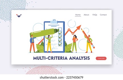 Benchmarking, Multi Criteria Analysis Landing Page Template. Business Development And Improvement Concept. Tiny Characters Filling Huge Form on Clipboard with Ticks. Cartoon People Vector Illustration