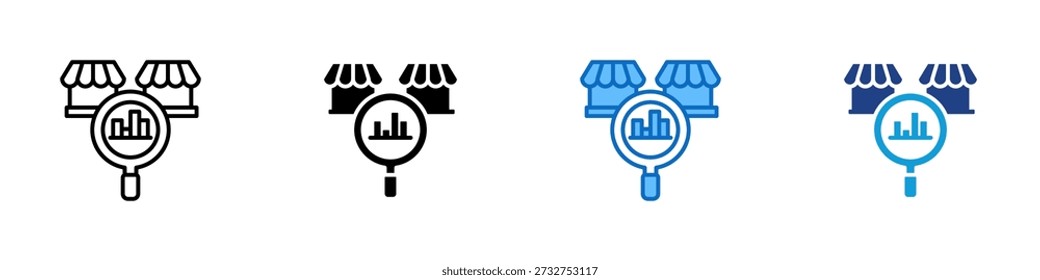 Benchmarking Multiple Style Icon Design Vector - Storefronts with magnifying glass and chart, representing performance comparison, standards, and evaluation