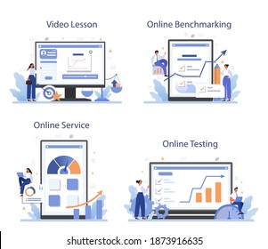 Comparación del servicio en línea o conjunto de plataformas. Idea de desarrollo y mejora empresarial. Comparar con competidores. Pruebas en línea, evaluación comparativa, lección de video. Ilustración vectorial plana aislada