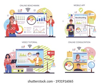 Comparación del servicio en línea o conjunto de plataformas. Idea de mejora empresarial. Comparar calidad con empresas competidoras. Referencia en línea, aplicación móvil, consulta, video tutorial. Ilustración del vector
