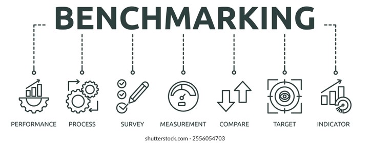 benchmarking outline banner icon of performance, process, survey, measurement, compare, target, indicator