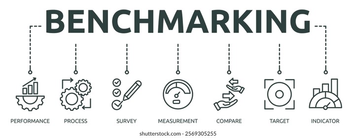 benchmarking outline banner icon of performance, process, survey, measurement, compare, target, indicator