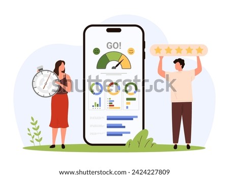 Benchmarking process with mobile app. Tiny people monitoring better product performance, quality results on phone screen to rate experience, compare functional indicators cartoon vector illustration