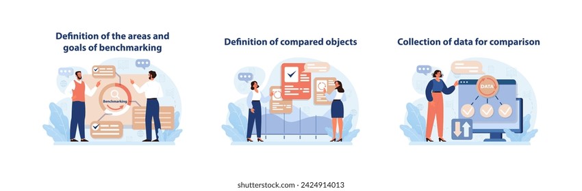 Benchmarking Process Set. Illustrations of initial benchmarking phases, defining goals, objects, and data collection for performance analysis.