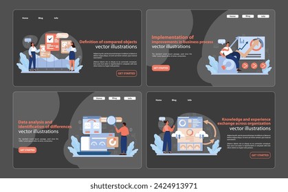 Benchmarking Stages Web Banners. Engaging web banners featuring stages of benchmarking, from object definition to knowledge exchange.
