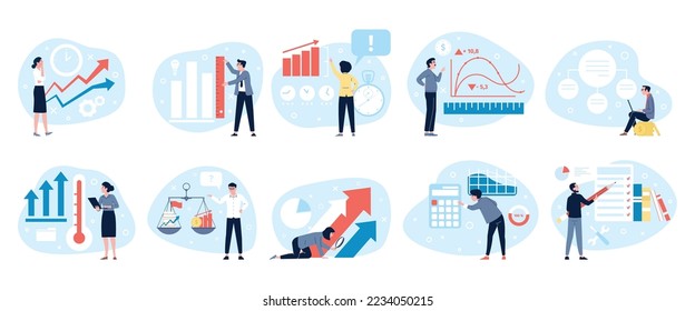 Benchmarking testing concept. Operational improvements, solutions and characteristics. Manager measure money, compare and indicate, recent vector scenes