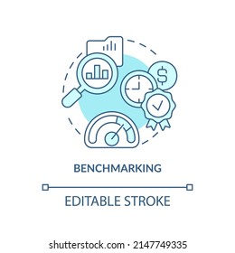 Benchmarking Turquoise Concept Icon. Business Intelligence Abstract Idea Thin Line Illustration. Competitive Analysis. Isolated Outline Drawing. Editable Stroke. Arial, Myriad Pro-Bold Fonts Used