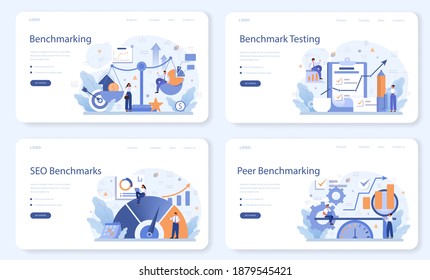 Benchmarking web banner or landing page set. Idea of business development and improvement. Compare quality with competitor companies. Isolated flat vector illustration