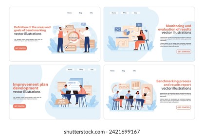 Benchmarking Web Banners Set. Engaging vector illustrations for web, detailing benchmarking goals, monitoring, and reporting.