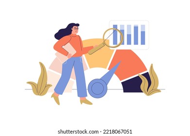 Comparando el concepto web con la escena de la gente. Mujeres analizando datos y comparando calidad con empresas competidoras. Herramienta de marketing para empresas. Situación del carácter en diseño plano. Ilustración vectorial.