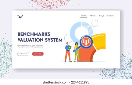 Benchmarks Valuation System Landing Page Template. Tiny Business Characters with Huge Magnifier Testing and Analyzing Reports, Target, Company Success at Rate Scale. Cartoon People Vector Illustration
