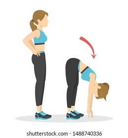 Bend forward exercise. Woman doing fitness in the gym. Stretching after workout. Isolated vector illustration in cartoon style