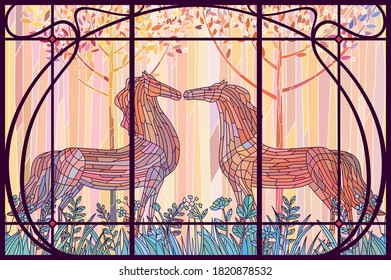 Bend horses. Couple horses meet in the spring forest