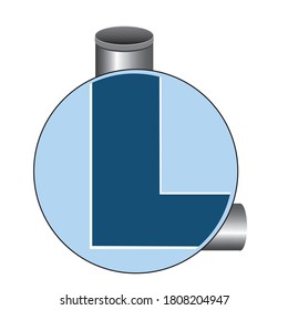 Doble el tubo en un techo bajo una lupa o una lupa. Ilustración realista del material vectorial con tubería metálica, corte de alcantarillado o plomería y aislado en fondo blanco