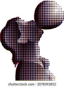 Benday dot icon of a girl blowing a big bubble gum balloon. Vector illustration.
