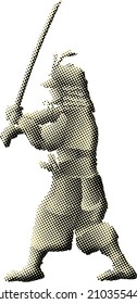Benday dot imprint of an armored samurai warrior wielding a sword. Vector illustration.