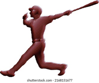 Benday dot imprint of baseball batter swing his bat at a pitch, isolated against white. Vector illustration.