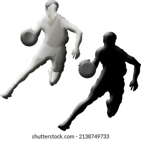 Benday dot imprint of basketball player dribble a ball. Vector illustration.