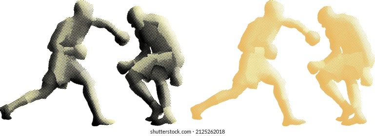 Benday dot imprint of boxer throwing a knockout punch on his opponent. Vector illustration.