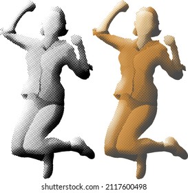 Benday dot imprint of girl leap into the air with gusto. Vector illustration.