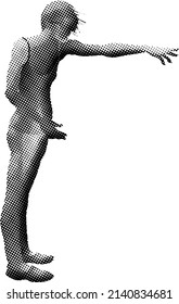 Benday dot imprint of a girl in the motion to drop object from her outstretched hand. Vector illustration.