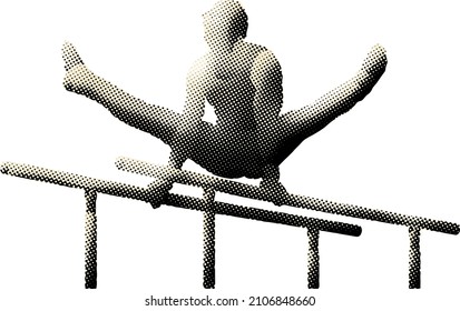 Benday dot imprint of a male gymnast perform the leg split L-sit routine on the parallel bar apparatus. Vector illustration.