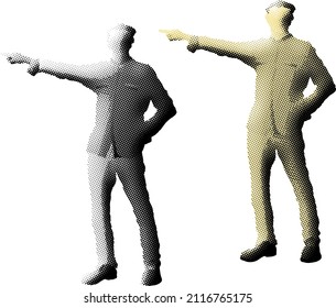 Benday dot imprint of man pointing forward with his finger. Vector illustration.