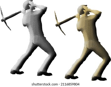 Benday dot imprint of man raising a pickaxe over his head. Vector illustration.