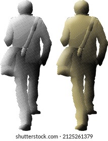 Benday dot imprint of man with sling bag turn and walk away. Vector illustration.