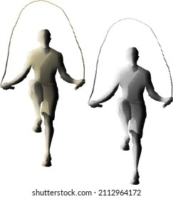 Impresión de punto Benday del hombre entrenando con cuerda de saltar. Ilustración vectorial.