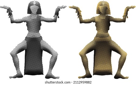 Benday dot imprint of medieval woman making an ancient Egyptian pose. Vector illustration.