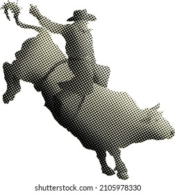 Benday dot imprint of a rodeo cowboy on a bucking bull.Vector illustration.