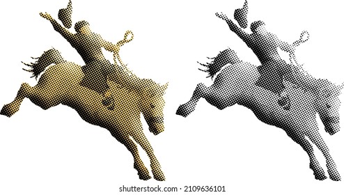 Benday Dot Aufdruck des Rodeo Cowboy auf einem buckligen Bronco-Pferd.Vektorgrafik.